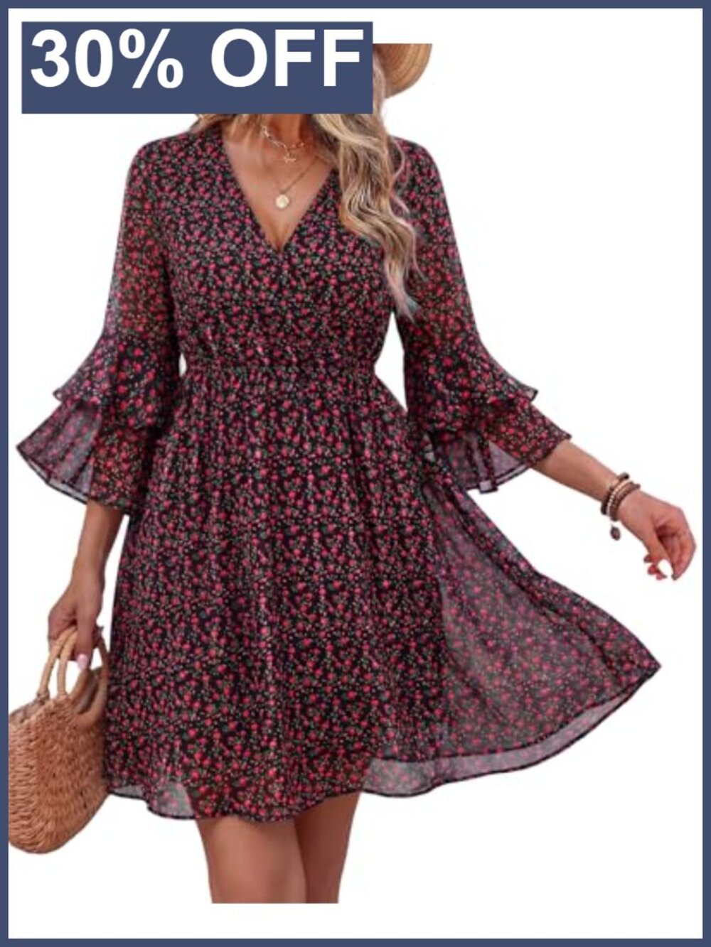 Chiffon Ruffle Sleeve Wrap V-Neck Flowy A-Line Dress with Snaps